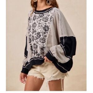 BiBi Black and White Floral Striped Sweatshirt